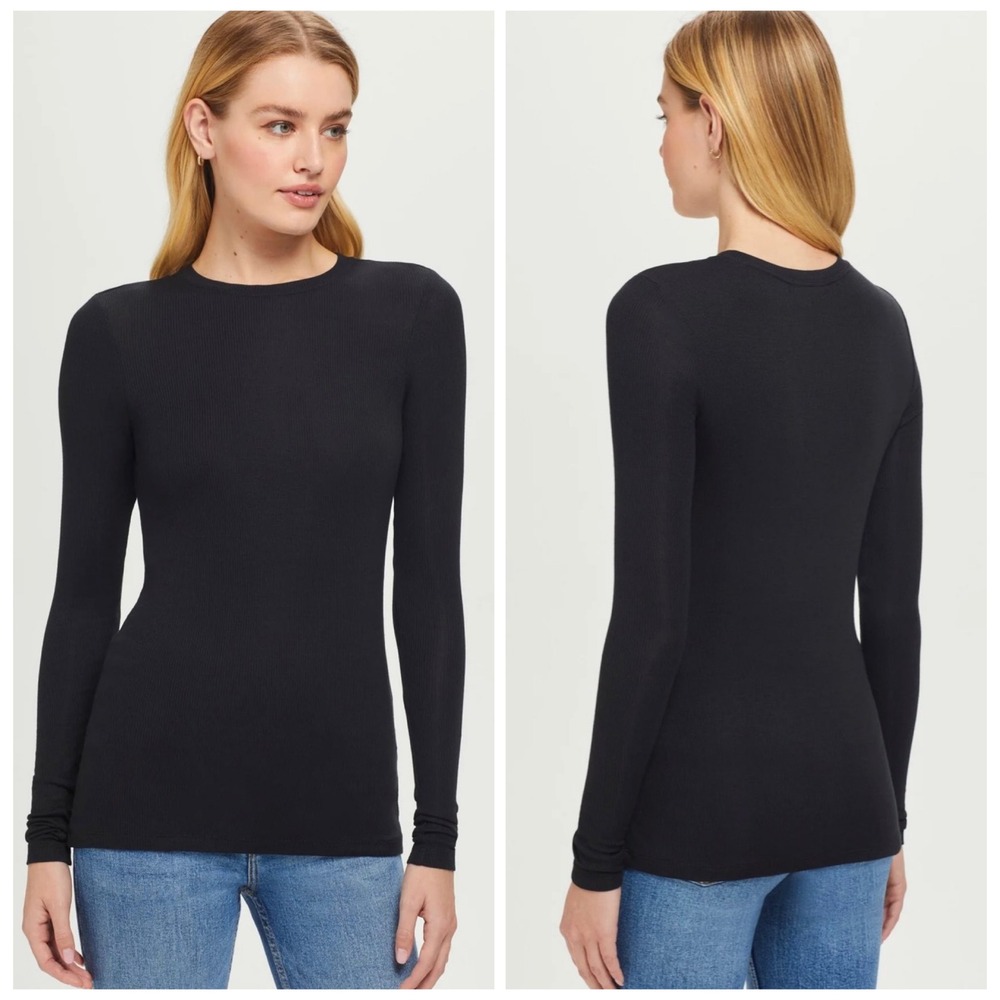 Goldie‎ Lewinter Top Women M Black Minimalist 100% Pima Cotton Mixed Ribbed Crew